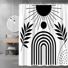 Boho Black and White Shower Curtain with Rainbow and Sun Design