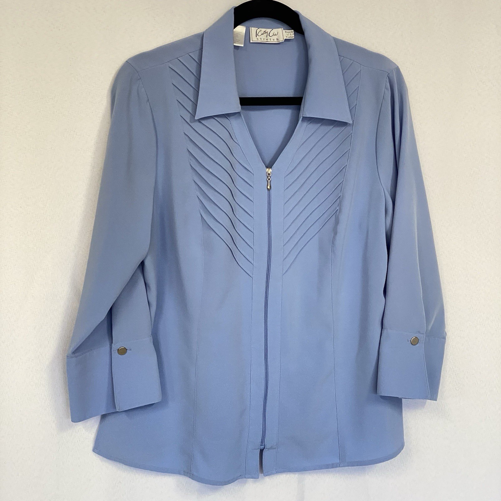Kathy Che Vintage Zip Up Blouse V-Neck Size 12 Button Sleeve Light Blue