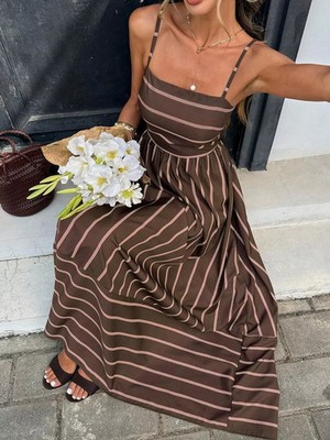 Cute Playful Cut Out Backless Fall Transitional Maxi Dress Vertical Striping