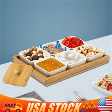 Ceramic Snack Serving Tray Set with Bamboo Lids - 6 Piece Platter