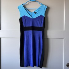 Ann Taylor Mini Bodycon Dress Women 6P Color Block Blue V Neck Career Business