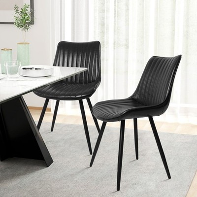 Black Faux Leather Dining Chairs Set of 2 Upholstered Kitchen Side Chairs Metal