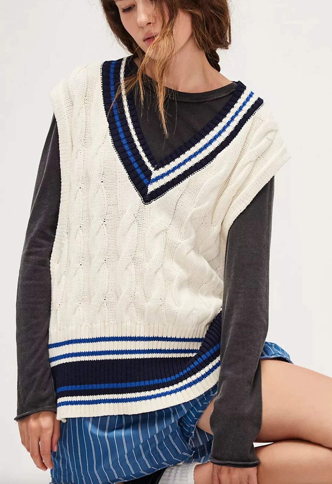 FREE PEOPLE IVORY COASTAL PREP PONCHO CABLE KNIT PONCHO SWEATER VEST ONE SIZE