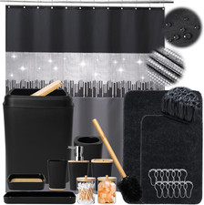 Bathroom Sets with Shower Curtain and Rugs,24Pcs Black Bathroom Set Shower Curta