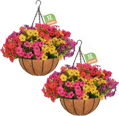 2 Set Artificial Hanging Flowers with Basket for Outdoor Spring Summer Decor - 2