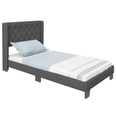 Upholstered Platform Bed Tufted Headboard Mattress Foundation Twin Size Grey