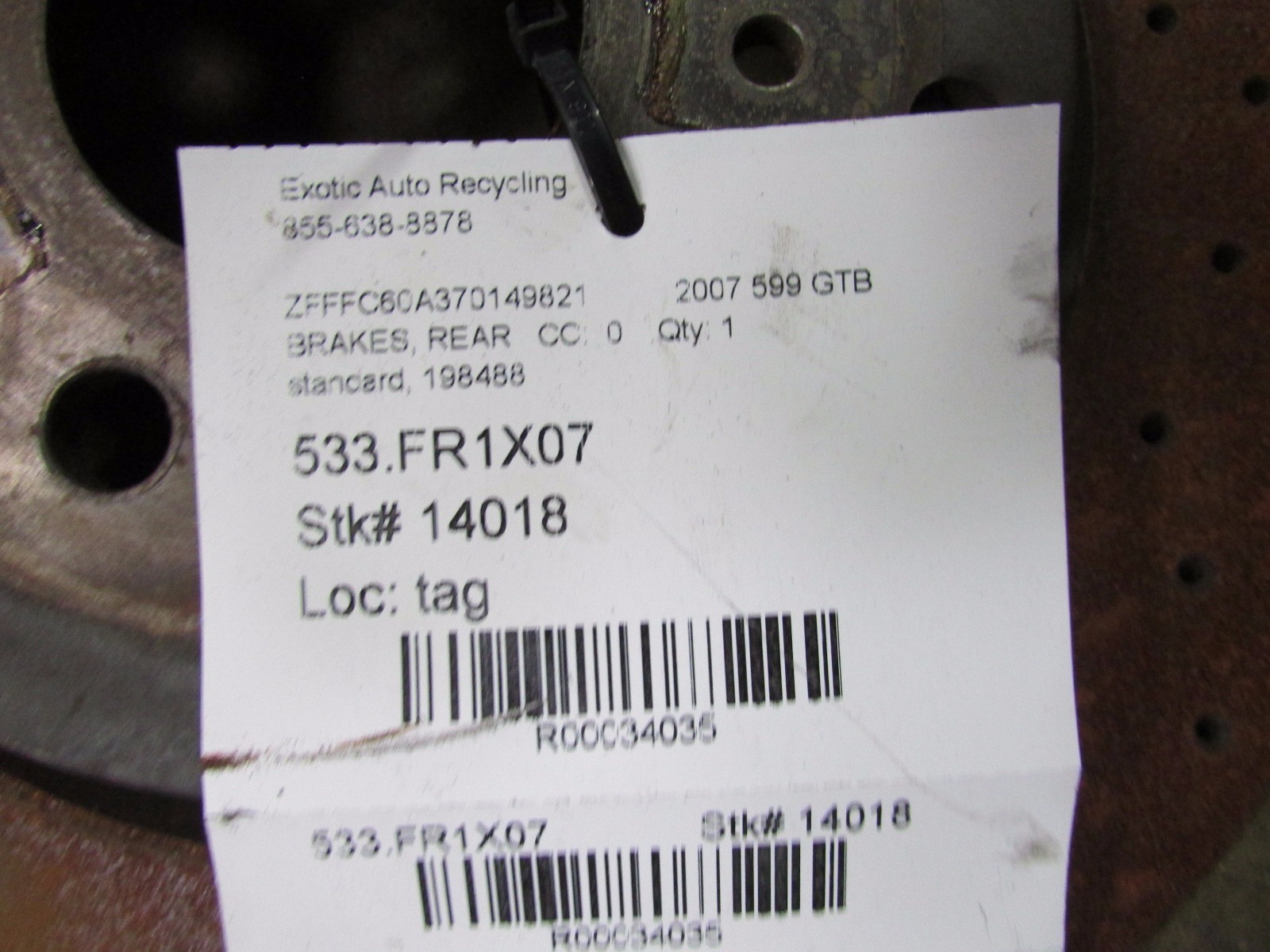 Ferrari 599 GTB, 612 Scaglietti, Rear Brake Disc Standard, P/N 198488, Used 