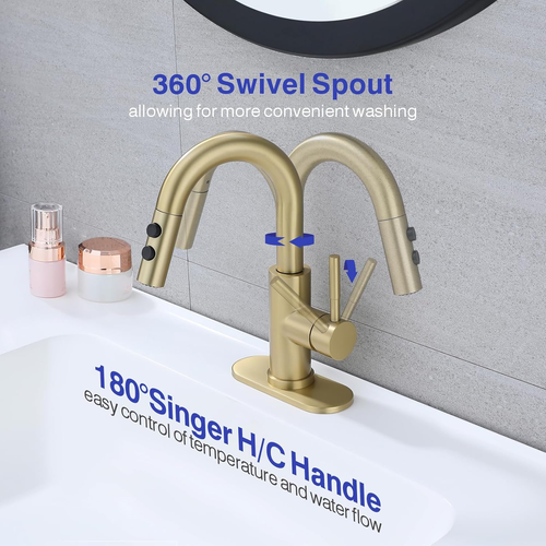 Bathroom Sink Faucet with Pull down Sprayer, Brushed Gold Single Handle Pull Out - Picture 3 of 12