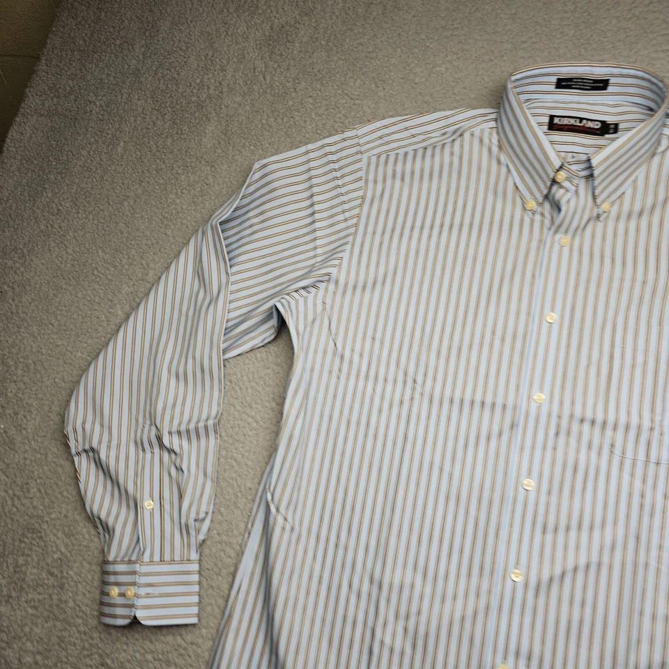 Camisa Kirkland Signature Para Hombre 16.5 36 Azul Rayas Manga Larga Botones Colla Foto 4 de 4