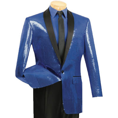 VINCI Sapphire Blue Sequins Disco Shawl Collar Tuxedo Jacket NEW - Main Image