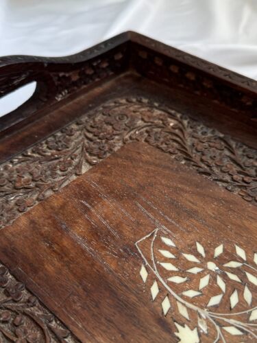 Handcrafted Wooden Serving Tray with Intricate Floral Carvings and Inlaid Design - Picture 6 of 11