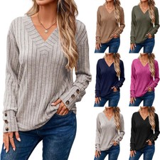 Women Long Sleeve T Shirt V Neck Plain Pullover Tee Tops Baggy Casual Fashion