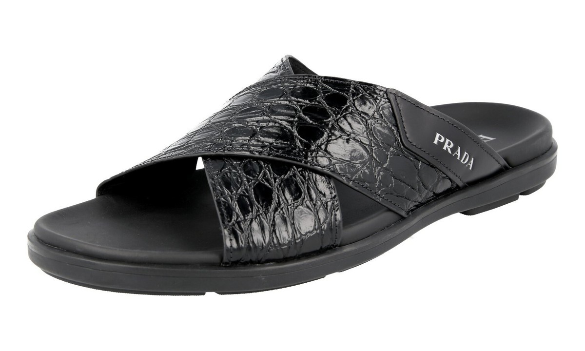 LUXURY PRADA CROC PRINT SANDALS SHOES 2X3058 BLACK LEATHER