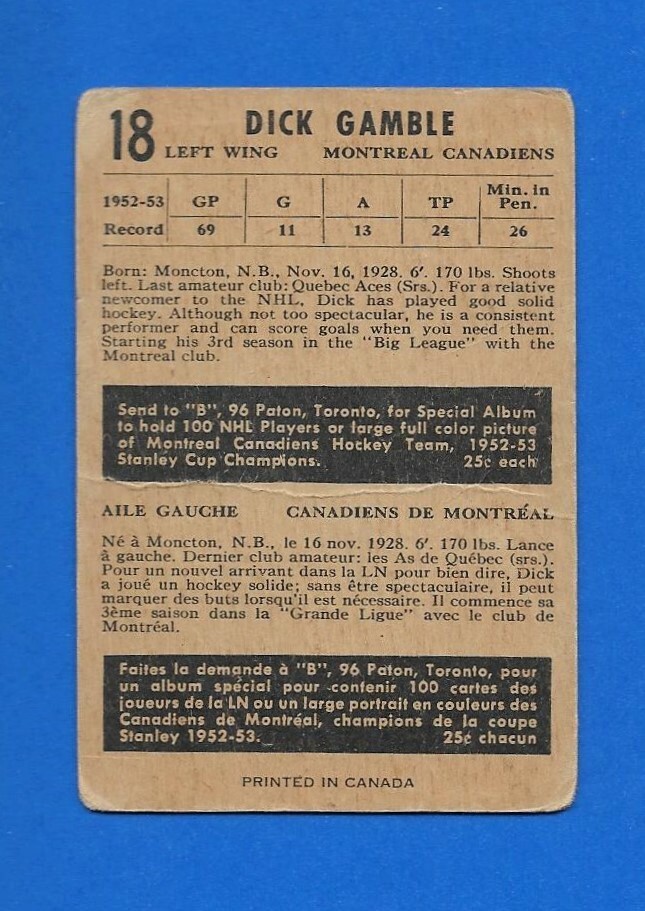1953-54 PARKHURST 53-54 PARKIES NHL HOCKEY CARD 1-100 SEE LIST - Picture 27 of 183