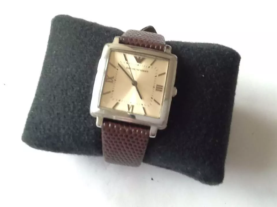 Pre owned Emporio Armani Ladies Square Watch. Silver. Brown strap. AR 11099