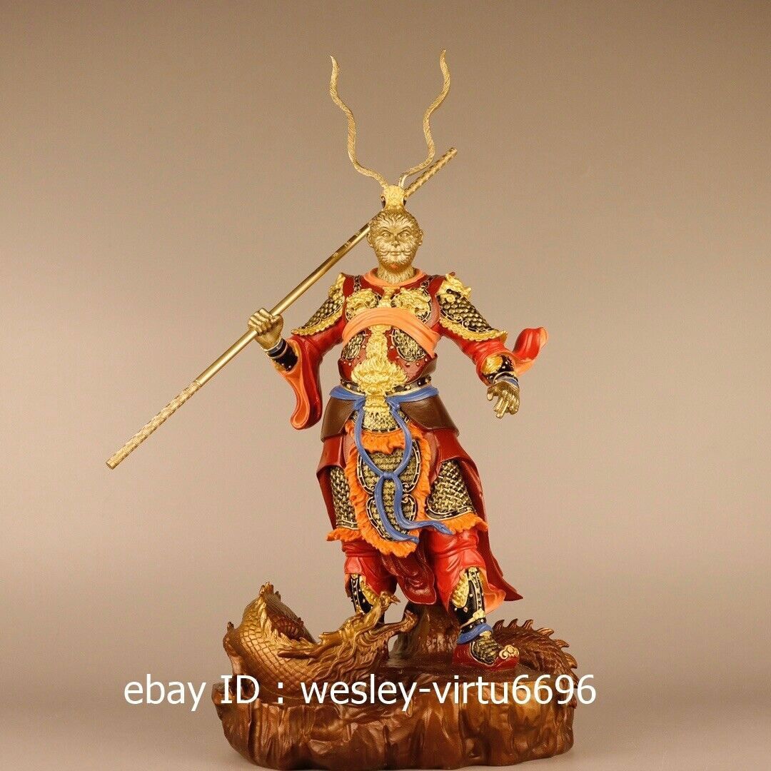 Chinese Pure Copper Color painting Sit Dragon Sun WuKong Monkey
