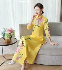 Womens Cheongsam Ball Gown Party Long Chinese Dress Embroidery QiPao Yellow New