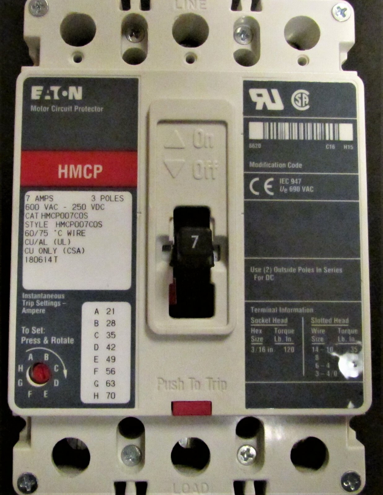 EATON CUTLER HAMMER HMCP007C0S 7AMP Motor Control Breaker Stainless