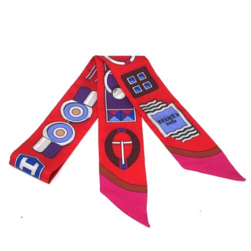 Auth HERMES Twilly Red Purple Multi Scarf
