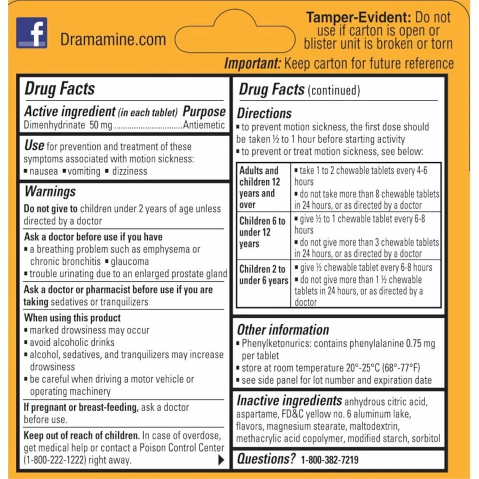 Dramamine Motion Sickness Relief противорвотные оранжевые жевательные таблетки 8 шт упаковка 9 шт. - Изображение 3 из 3
