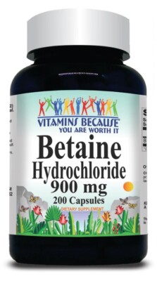 Betaine HCI 900mg Hydrochloride 200 Caps No Gluten/Made in the USA