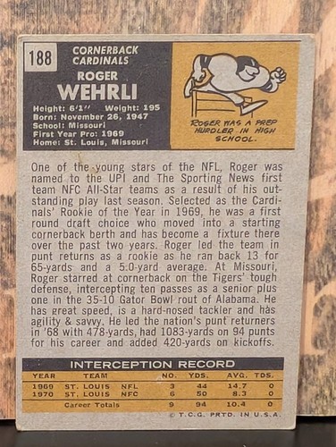 1971 TOPPS ROGER WEHRLI ST LOUIS CARDINALS FOOTBALL CARD #188 - Picture 2 of 2