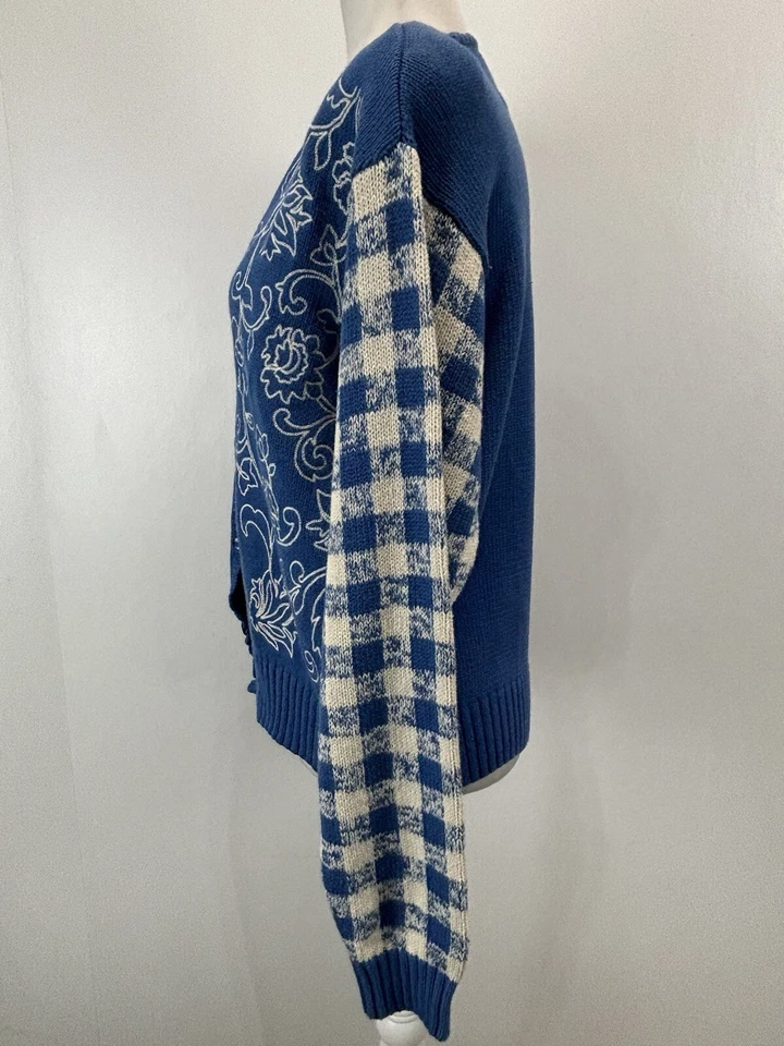 Cardigã suéter vintage Liz Golf tamanho médio feminino azul floral Gingham Cottagecore - Imagem 2 de 4