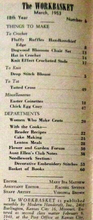 March 1953 Magazine "The Workbasket" w/ Ideas for "Easter" Homemade Items  * - Image 2 of 4
