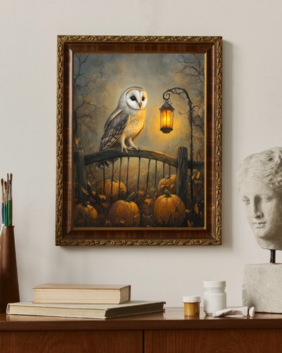 Gothic Barn Owl Lantern And Pumpkin Halloween Autumn Wall Art Print - Picture 3 of 5
