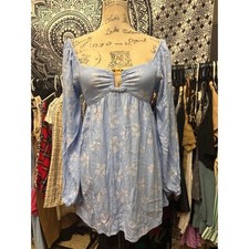 American Eagle Blue Floral Babydoll Top Tortoise Ring Ruched Long Sleeve XS