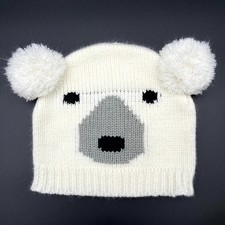 Hat Kids White Beanie Cap Polar Bear Face Pom Poms Ribbed Knit Winter Outdoor