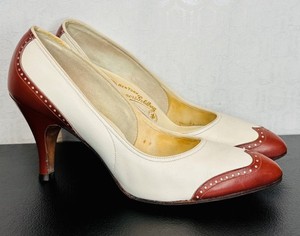 VTG 60'S NATURALIZER WHITE&BROWN LEATHER SPECTATOR BROGUE PUMPS HEEL SHOES*4.5