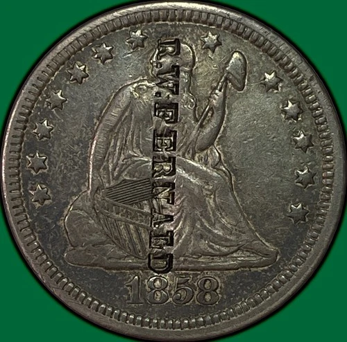 1858 R.W FERNALD Counterstamp Seated Liberty Quarter Almost Uncirculated AU Coin