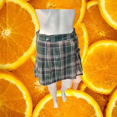 Flynn O'Hara Green Grey Plaid Pleated Kilt School Uniform Skirt Button Wrap