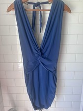 Kitty Brand Blue Deep-V Halter Tie Neck Cocktail Dress with Metal Ring Details