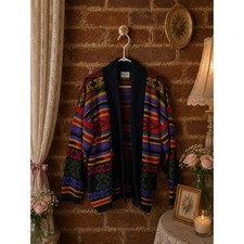 Vintage Multi Color Geometric Southwestern Aztec Shawl Cardigan Sweater USA