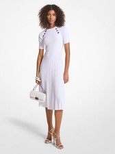 Michael Kors Size SMALL Ribbed Stretch Knit Button Midi White Bodycon Dress $355