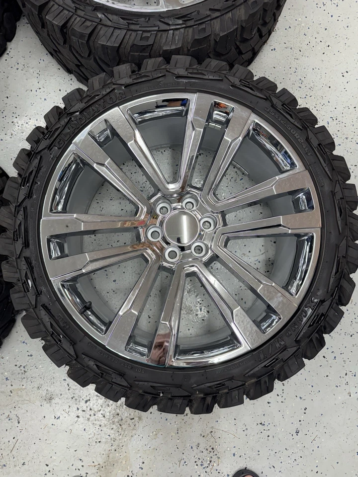 24" SILVERADO YUKON TAHOE ESCALADE SUBURBAN CHROME WHEELS 35” MUD MT TIRES - Image 2 of 4