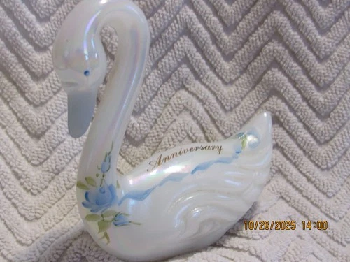 Fenton Swan White Art Glass Hand Painted Iridescent 15th Anniversary Signed