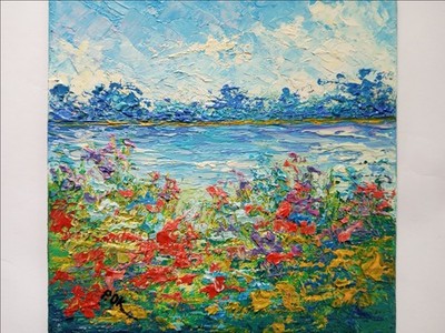 Original Oil Painting Wildflower Landscape 8x8 Impasto Palette Knife Art