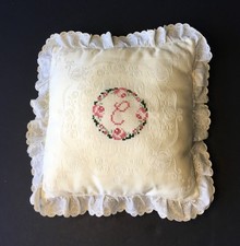 Vintage Nursery Pillow 10"x10" Embroidered "C" Ivory Ruffled Trim White 1.25"