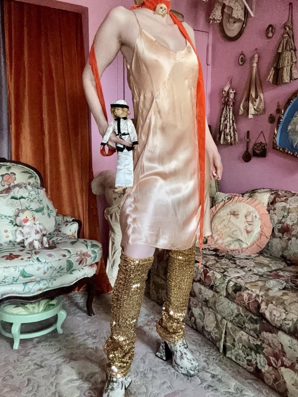 Late 40s Champagne Gold Satin Bias-Cut Slip Dress, Size L
