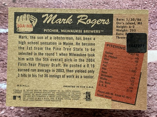 2004 Bowman Heritage Signs of Greatness Mark Rogers Auto #SGA-MR - Picture 2 of 2