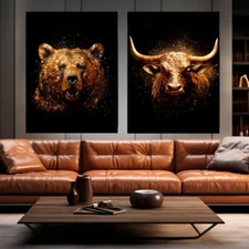 Golden Bull Bear  Art Painting Print Wall Art Decor Canvas Poster