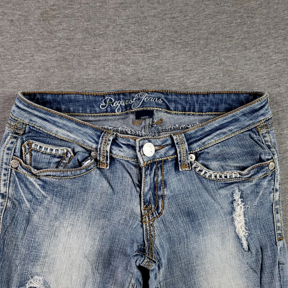 Pantalones de mezclilla vintage Request talla 25 retro tiro inferior pierna recta solapa bolsillos puntada Foto 3 de 4