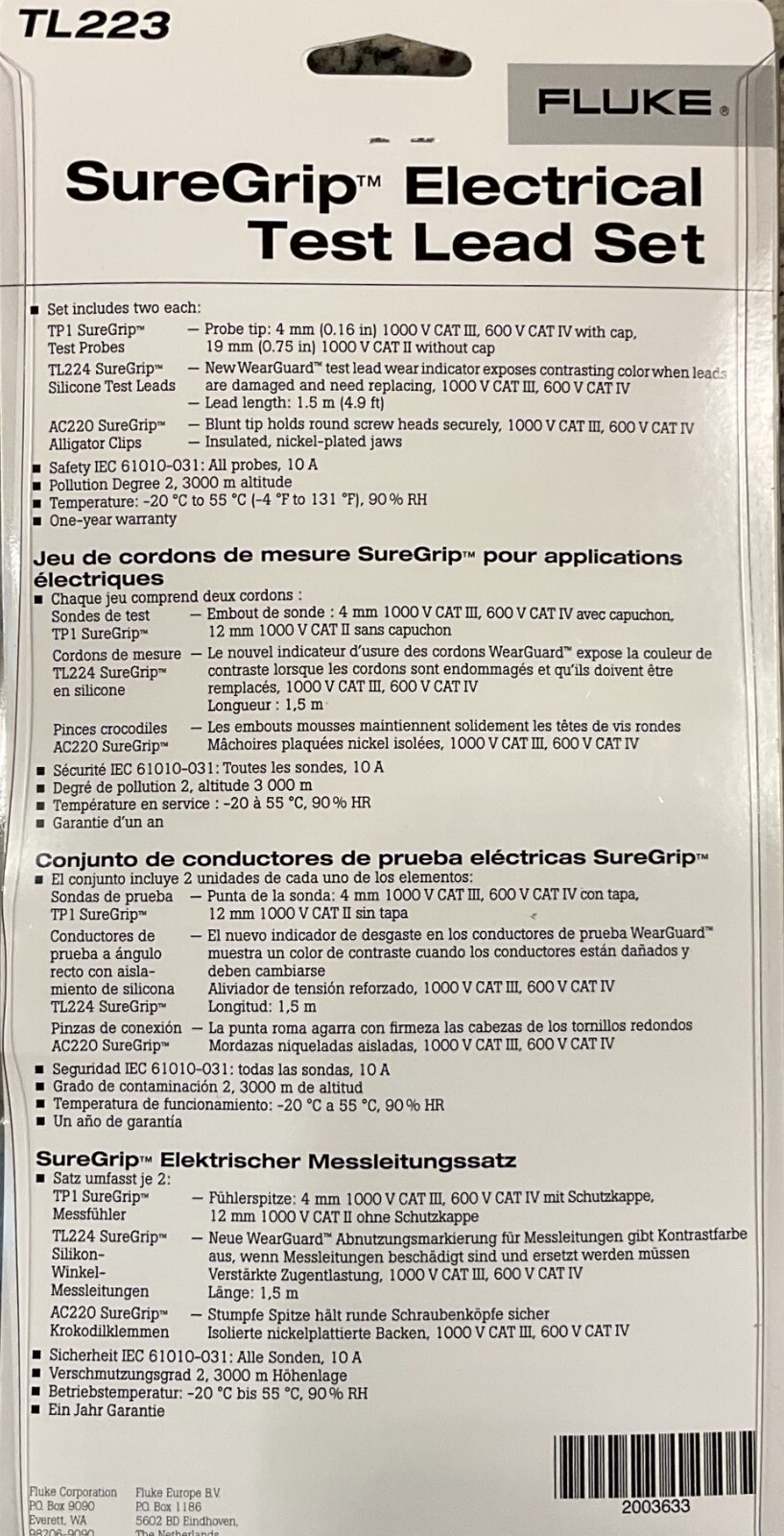 Fluke TL223 SureGrip Electrical Test Lead Set 999993779324 eBay