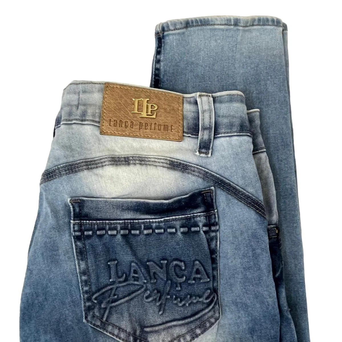 Lanca Perfume Womens Jeans 10 or 44 Embossed Skinny Brazilian Gold Washed Denim