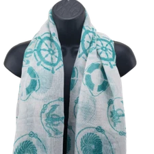 Women's Scarf Nautical Green White Motif Soft & Silky Feel Polyester 34" x 70"