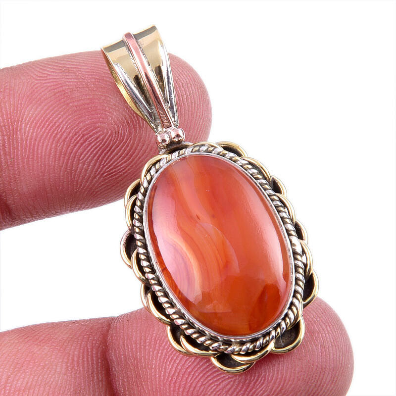 Natural Carnelian Gemstone 925 Sterling Silver Two-Tone Pendant 1.5 Inch