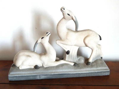 ANCIENNE SCULPTURE Art Déco en Céramique Crispée Perlée " ANTILOPES " LEMANCEAU - Photo 1/4